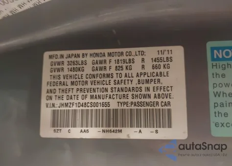 2012 Honda Cr-Z z USA, uszkodzony, nr VIN JHMZF1D48CS001655
